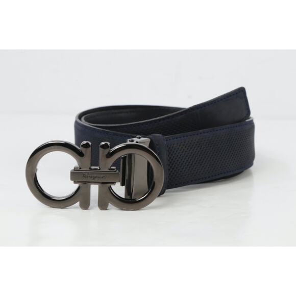 Salvatore Ferragamo Belt 120 Navy Blue Perforated Leather Gunmetal Gancini Luxe main image 9